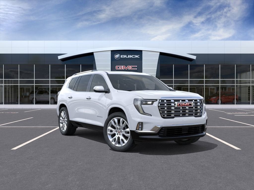 2026 GMC Acadia Denali in Glacier White Tricoat — front three-quarter view